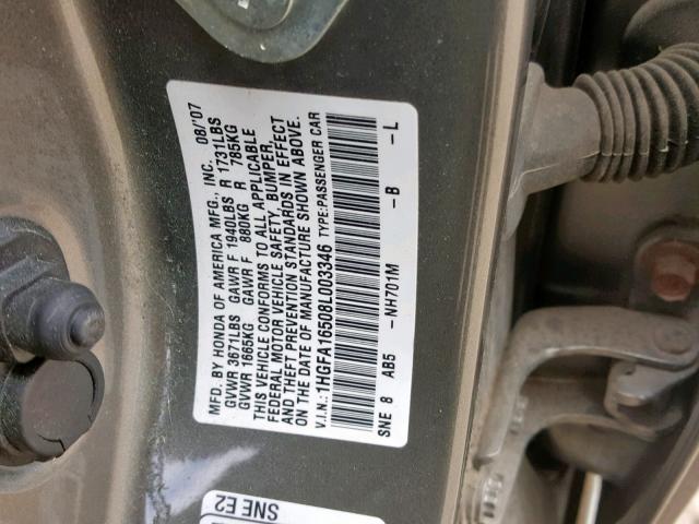 1HGFA16508L003346 - 2008 HONDA CIVIC LX GRAY photo 10