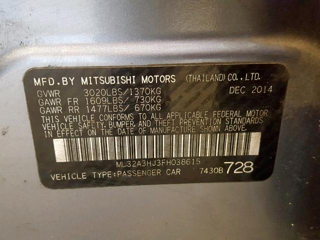 ML32A3HJ3FH038615 - 2015 MITSUBISHI MIRAGE DE GRAY photo 10