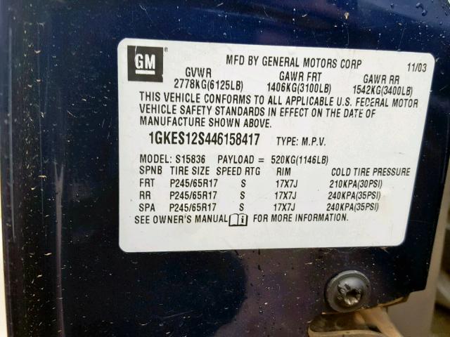 1GKES12S446158417 - 2004 GMC ENVOY XUV BLUE photo 10