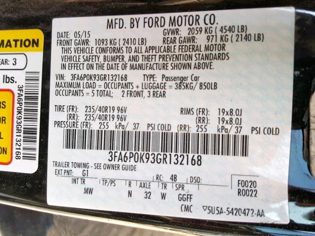 3FA6P0K93GR132168 - 2016 FORD FUSION TIT BLACK photo 10