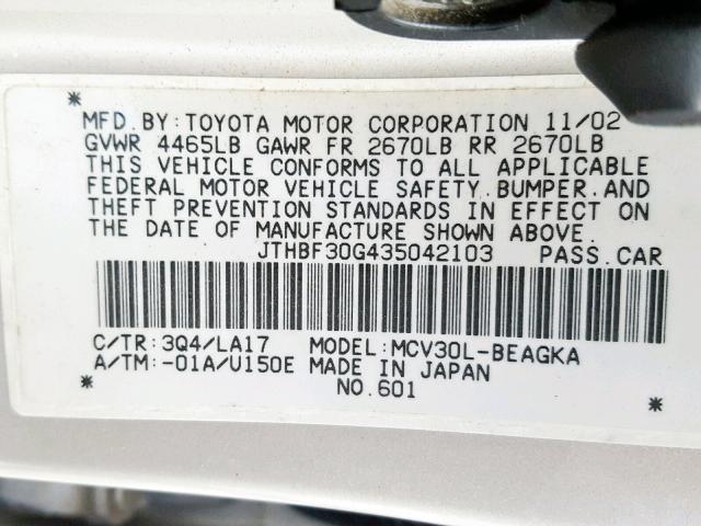 JTHBF30G435042103 - 2003 LEXUS ES 300 SILVER photo 10