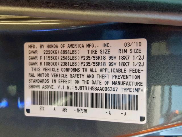 5J8TB1H58AA006347 - 2010 ACURA RDX TECHNO GRAY photo 10