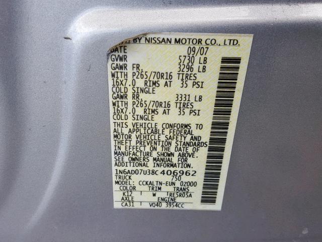 1N6AD07U38C406962 - 2008 NISSAN FRONTIER C SILVER photo 10