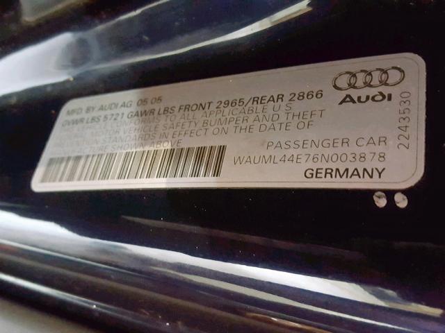 WAUML44E76N003878 - 2006 AUDI A8 L QUATT BLUE photo 10