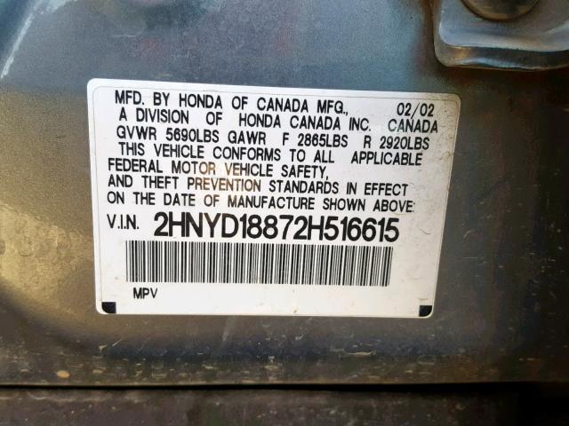 2HNYD18872H516615 - 2002 ACURA MDX TOURIN GRAY photo 10