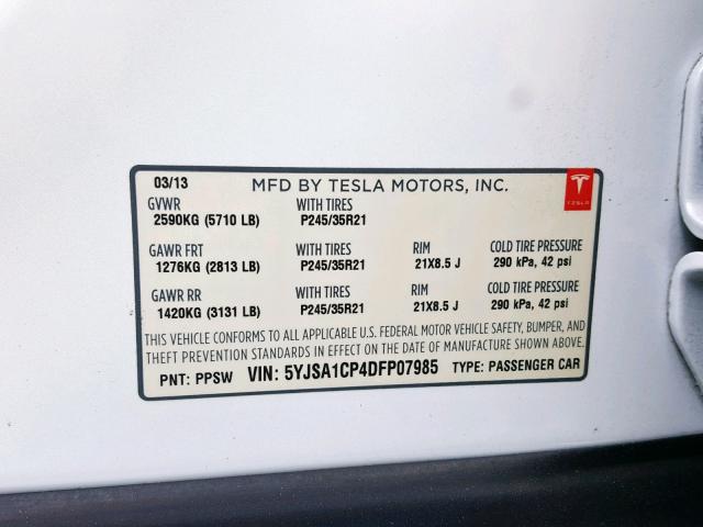 5YJSA1CP4DFP07985 - 2013 TESLA MODEL S WHITE photo 10