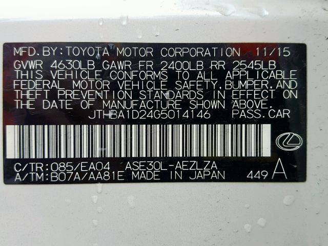 JTHBA1D24G5014146 - 2016 LEXUS IS 200T WHITE photo 10