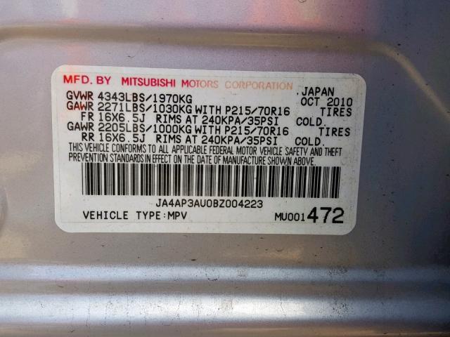 JA4AP3AU0BZ004223 - 2011 MITSUBISHI OUTLANDER SILVER photo 10