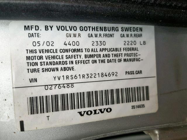 YV1RS61R322184692 - 2002 VOLVO S60 SILVER photo 10