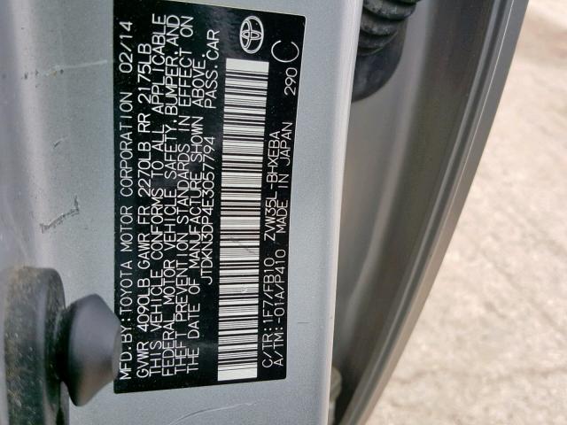 JTDKN3DP4E3057794 - 2014 TOYOTA PRIUS PLUG SILVER photo 10