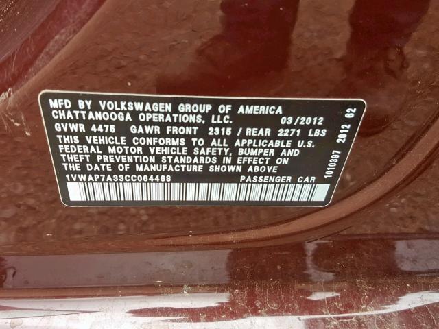 1VWAP7A33CC064468 - 2012 VOLKSWAGEN PASSAT S BURGUNDY photo 10