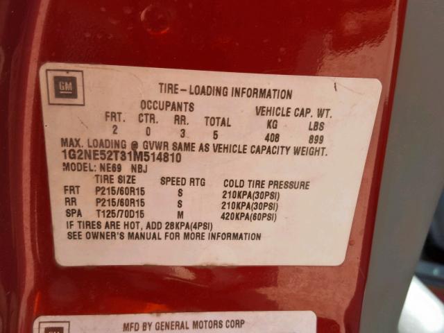 1G2NE52T31M514810 - 2001 PONTIAC GRAND AM S BURGUNDY photo 10