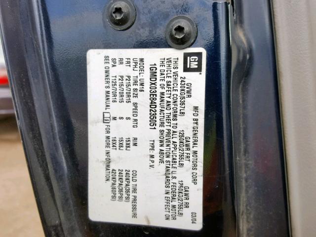 1GMDX03E84D235051 - 2004 PONTIAC MONTANA BLUE photo 10