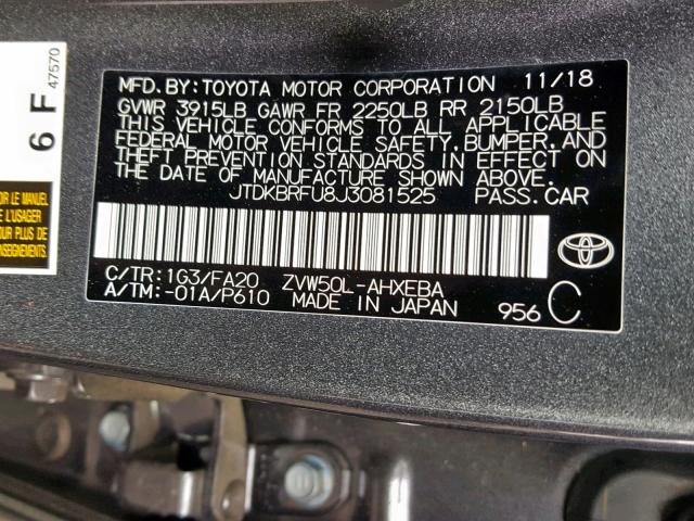 JTDKBRFU8J3081525 - 2018 TOYOTA PRIUS GRAY photo 10