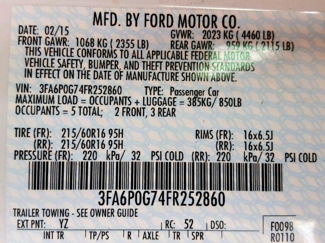 3FA6P0G74FR252860 - 2015 FORD FUSION S WHITE photo 10