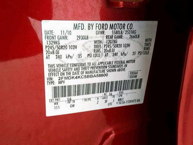 2FMDK4KC5BBA58600 - 2011 FORD EDGE LIMIT BURGUNDY photo 10