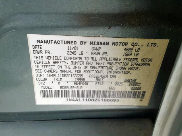 1N4AL11D82C166695 - 2002 NISSAN ALTIMA BAS GREEN photo 10