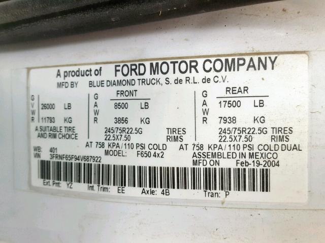 3FRNF65F94V687922 - 2004 FORD F650 SUPER WHITE photo 10