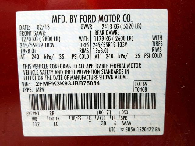 2FMPK3K93JBB75084 - 2018 FORD EDGE TITAN RED photo 10