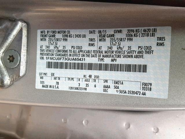 1FMCU0F73GUA65431 - 2016 FORD ESCAPE S SILVER photo 10