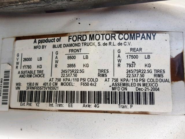 3FRNF65S75V165921 - 2005 FORD F650 SUPER WHITE photo 10