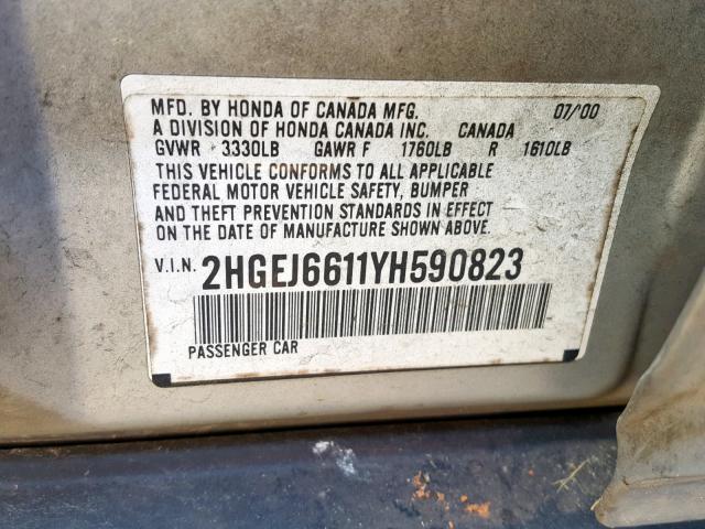 2HGEJ6611YH590823 - 2000 HONDA CIVIC BASE 银色 照片 10