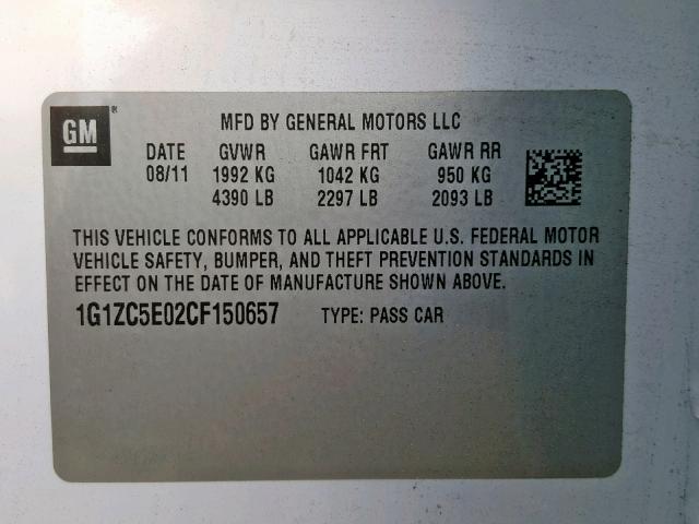 1G1ZC5E02CF150657 - 2012 CHEVROLET MALIBU 1LT WHITE photo 10