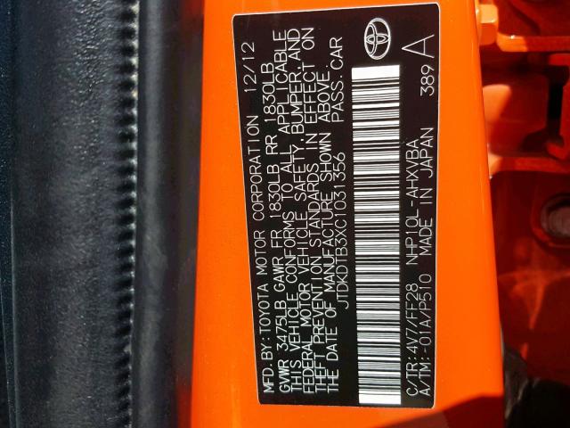 JTDKDTB3XC1031356 - 2012 TOYOTA PRIUS C ORANGE photo 10