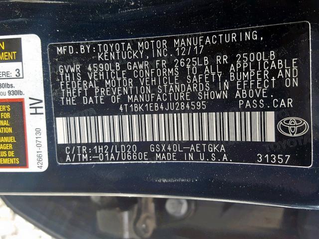 4T1BK1EB4JU284595 - 2018 TOYOTA AVALON XLE BLACK photo 10