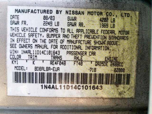 1N4AL11D14C101643 - 2004 NISSAN ALTIMA BASE  photo 10