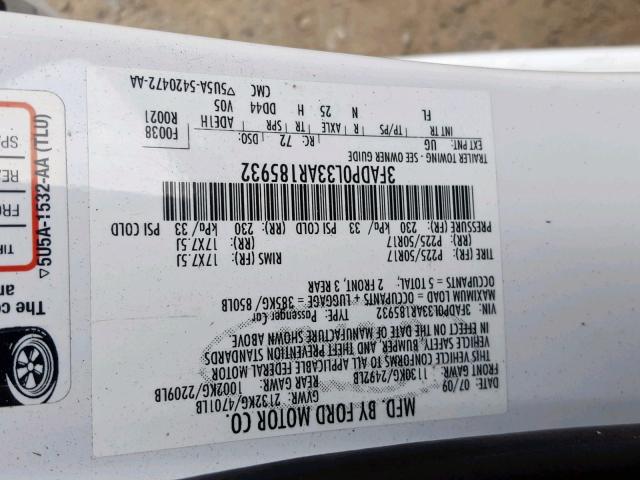 3FADP0L33AR185932 - 2010 FORD FUSION HYB WHITE photo 10