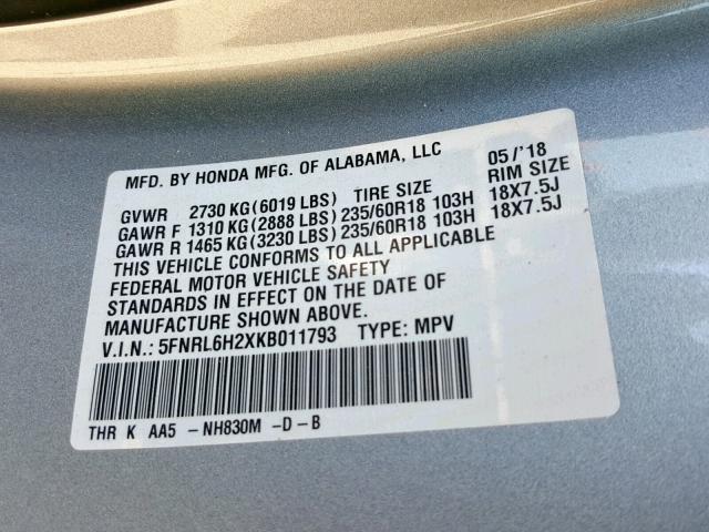 5FNRL6H2XKB011793 - 2019 HONDA ODYSSEY LX GRAY photo 10