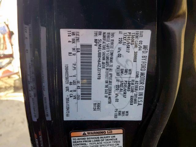 5LMEU88H64ZJ31978 - 2004 LINCOLN AVIATOR 黑色 照片 10