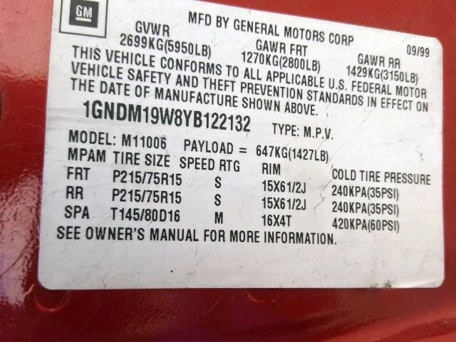 1GNDM19W8YB122132 - 2000 CHEVROLET ASTRO RED photo 10