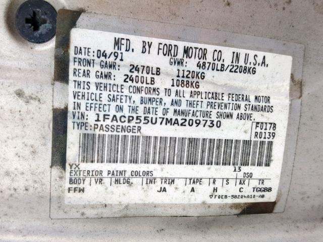 1FACP55U7MA209730 - 1991 FORD TAURUS L SILVER photo 10