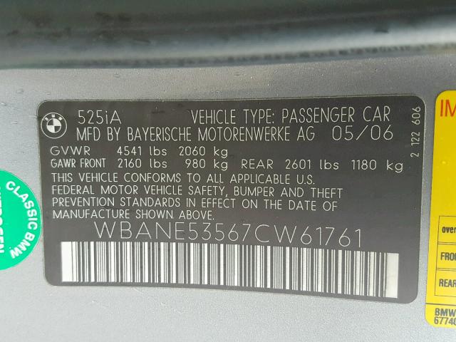 WBANE53567CW61761 - 2007 BMW 525 I GRAY photo 10