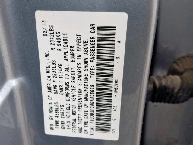 19UUB2F38GA006689 - 2016 ACURA TLX BLUE photo 10