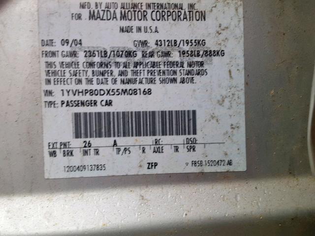 1YVHP80DX55M08168 - 2005 MAZDA 6 S SILVER photo 10