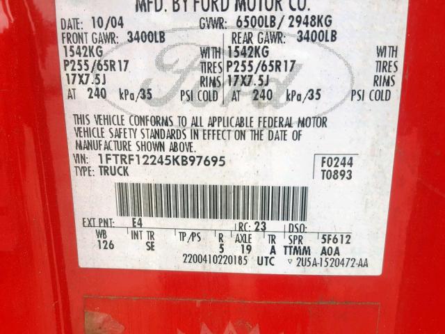 1FTRF12245KB97695 - 2005 FORD F150 RED photo 10