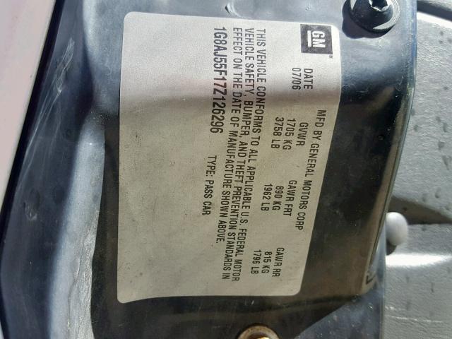 1G8AJ55F17Z126296 - 2007 SATURN ION LEVEL WHITE photo 10