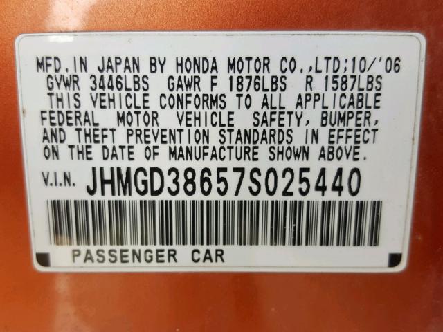 JHMGD38657S025440 - 2007 HONDA FIT S ORANGE photo 10