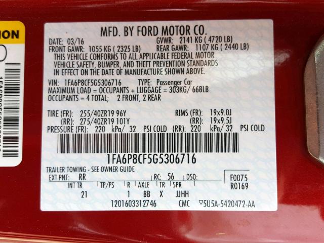 1FA6P8CF5G5306716 - 2016 FORD MUSTANG GT MAROON photo 10