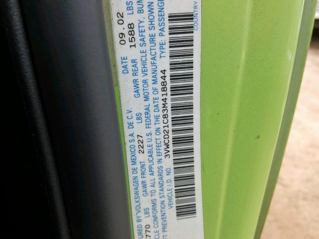 3VWCD21C83M418844 - 2003 VOLKSWAGEN NEW BEETLE მწვანე ფოტო 10