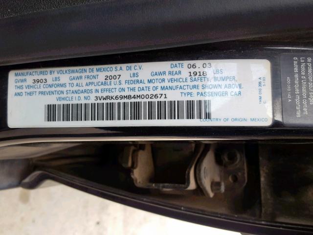 3VWRK69M84M002671 - 2004 VOLKSWAGEN JETTA GL BLACK photo 10