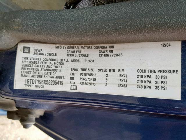 1GTDT196X58205419 - 2005 GMC CANYON BLUE photo 10