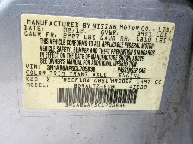 3N1AB6AP5CL705836 - 2012 NISSAN SENTRA 2.0 SILVER photo 10