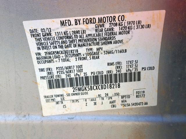 2FMGK5BCXCBD18218 - 2012 FORD FLEX SE SILVER photo 10