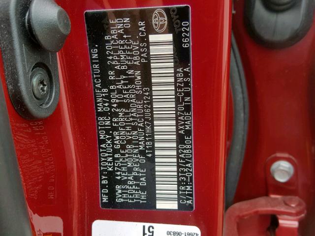 4T1B11HK7JU621243 - 2018 TOYOTA CAMRY L RED photo 10