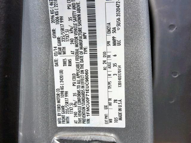 1FMCU0F71EUC98060 - 2014 FORD ESCAPE S SILVER photo 10