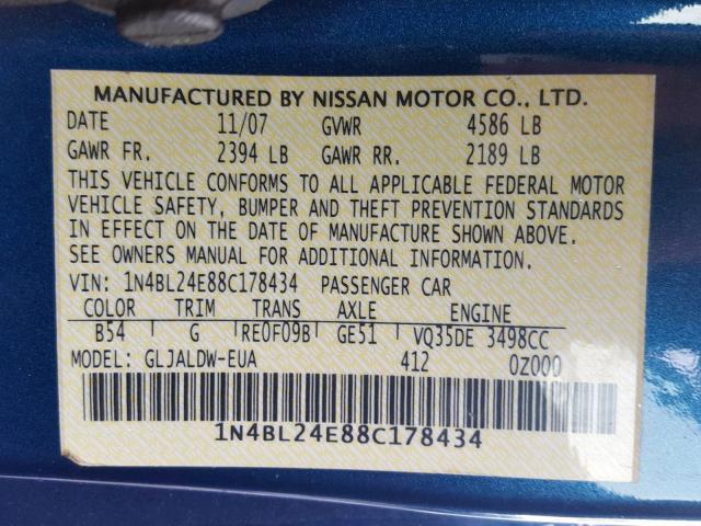 1N4BL24E88C178434 - 2008 NISSAN ALTIMA 3.5 BLUE photo 10